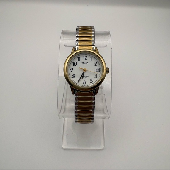 Timex Accessories - Timex Two-Tone Gold and Silver Expansion Band Watch with White Dial Indiglo